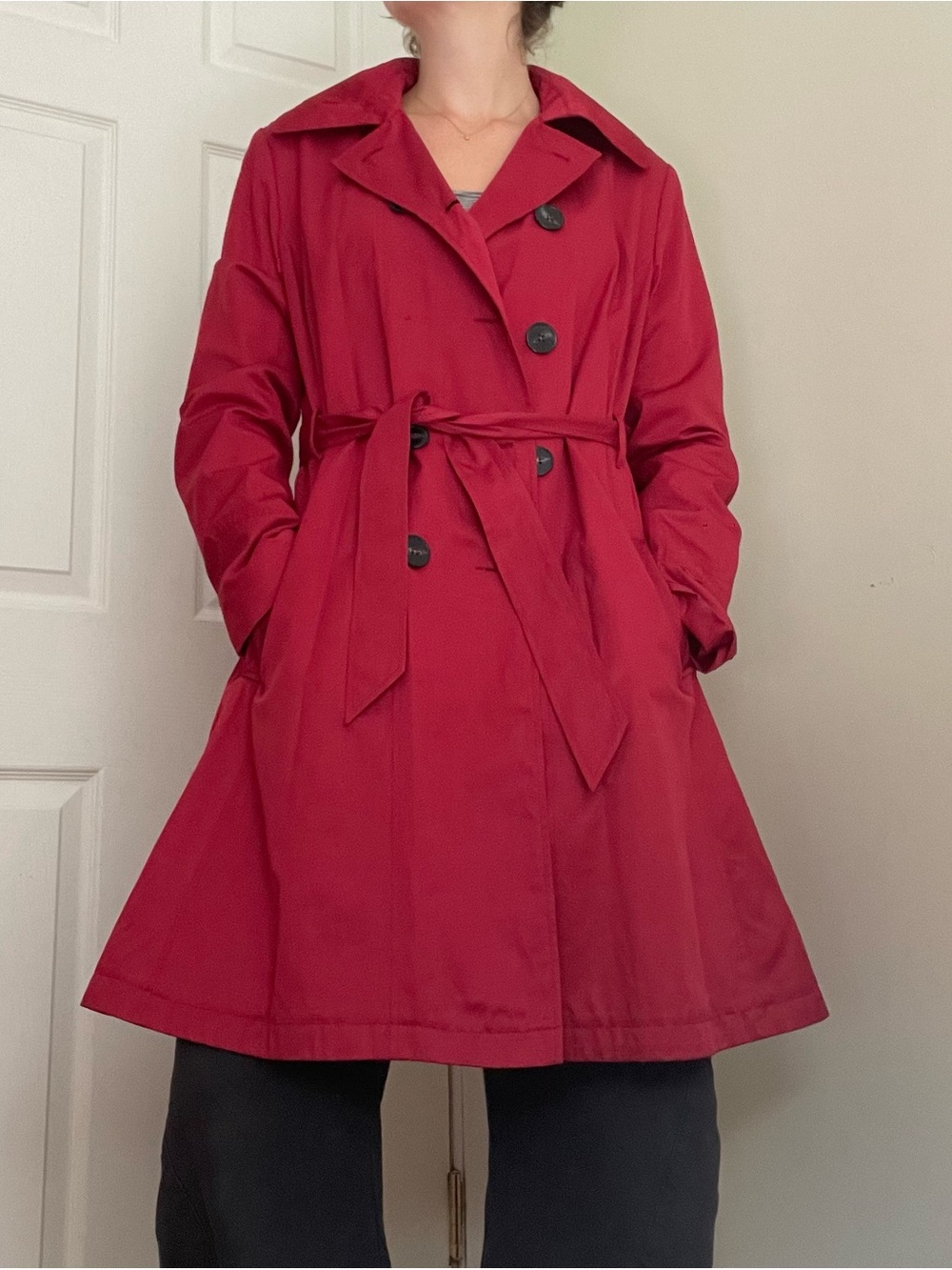 Red Trench Coat with Belt - Women's Jacket